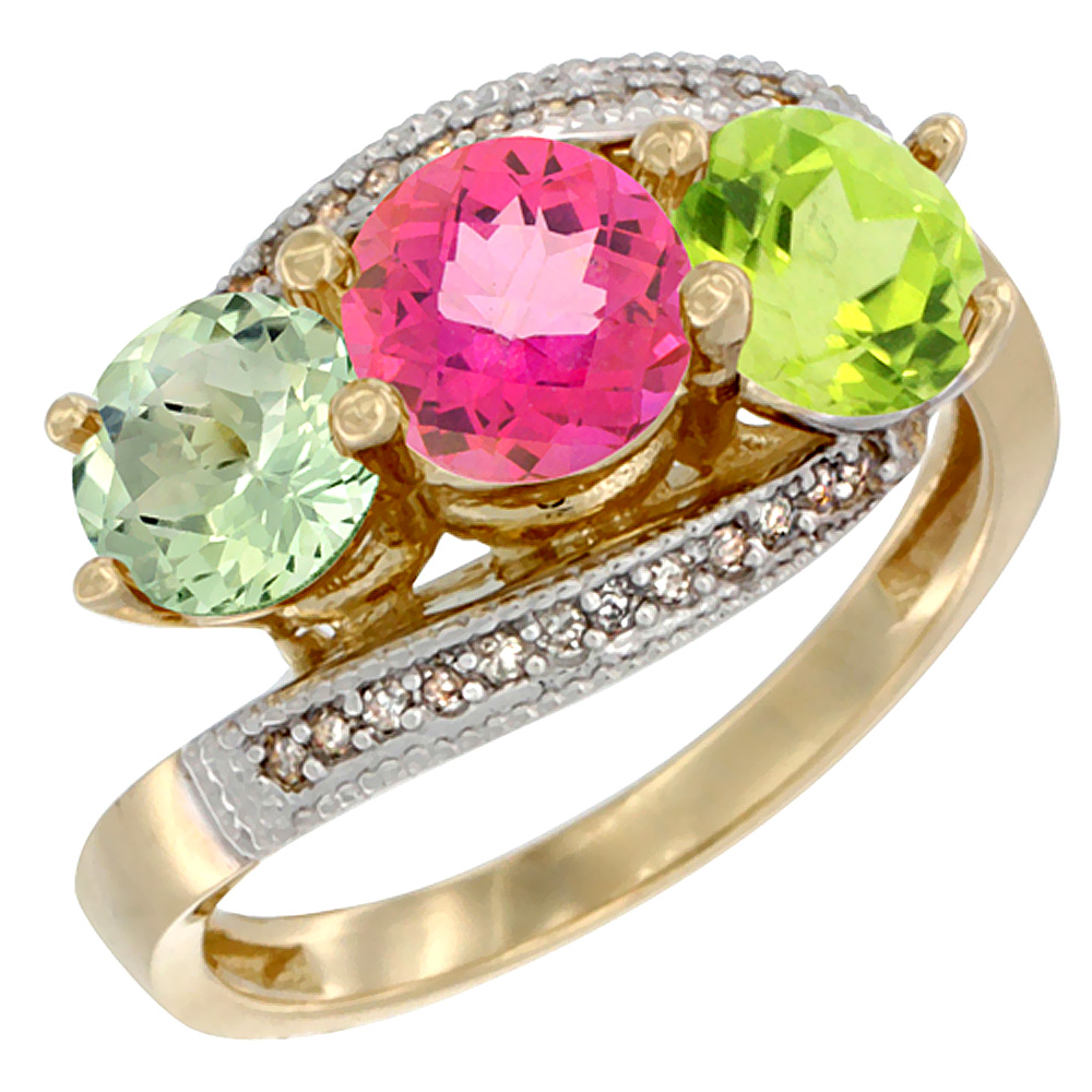 14K Yellow Gold Natural Green Amethyst, Pink Topaz & Peridot 3 stone Ring Round 6mm Diamond Accent, sizes 5 - 10