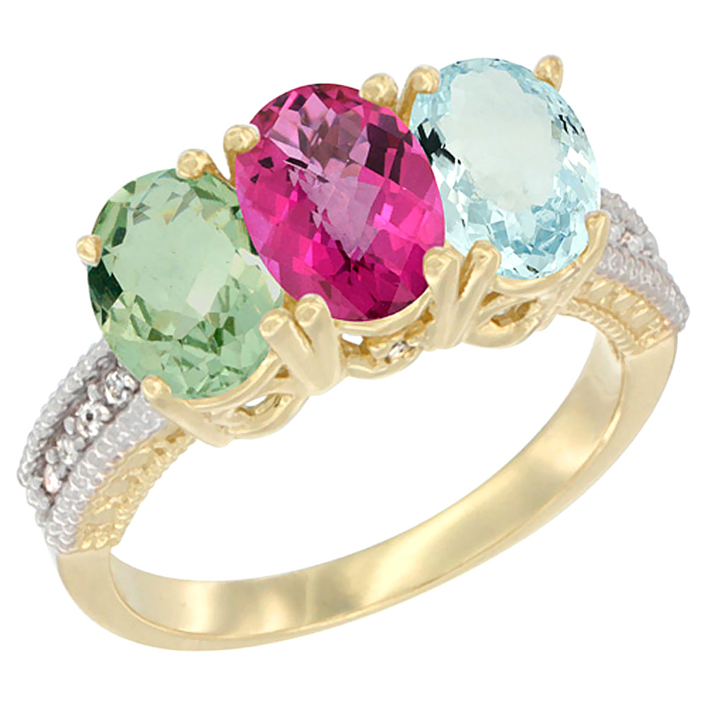 14K Yellow Gold Natural Green Amethyst, Pink Topaz & Aquamarine Ring 3-Stone 7x5 mm Oval Diamond Accent, sizes 5 - 10