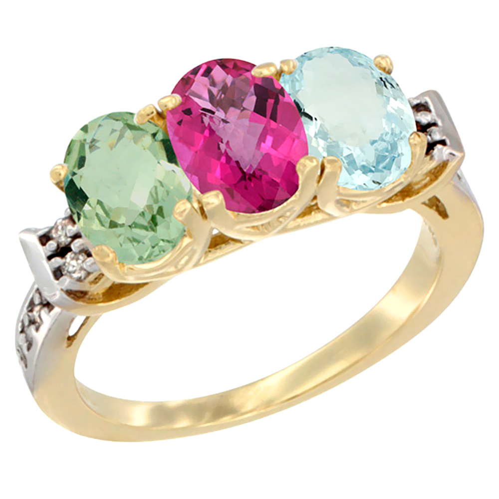 10K Yellow Gold Natural Green Amethyst, Pink Topaz &amp; Aquamarine Ring 3-Stone Oval 7x5 mm Diamond Accent, sizes 5 - 10
