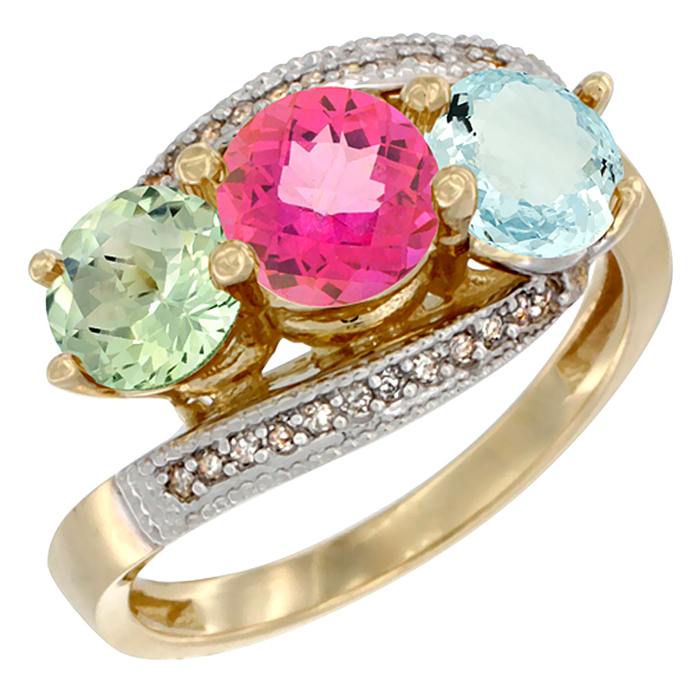 10K Yellow Gold Natural Green Amethyst, Pink Topaz & Aquamarine 3 stone Ring Round 6mm Diamond Accent, sizes 5 - 10