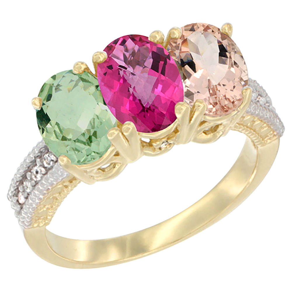 14K Yellow Gold Natural Green Amethyst, Pink Topaz &amp; Morganite Ring 3-Stone 7x5 mm Oval Diamond Accent, sizes 5 - 10