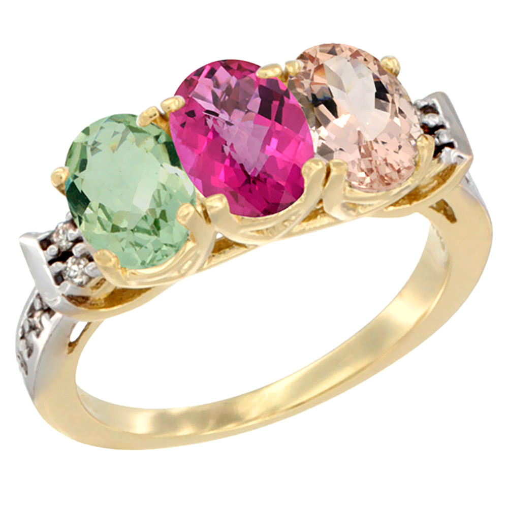 10K Yellow Gold Natural Green Amethyst, Pink Topaz &amp; Morganite Ring 3-Stone Oval 7x5 mm Diamond Accent, sizes 5 - 10