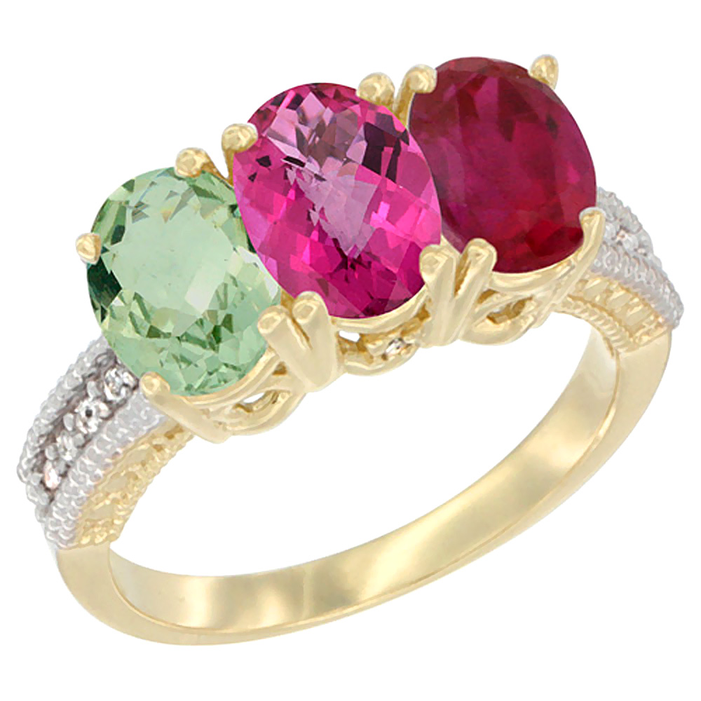 14K Yellow Gold Natural Green Amethyst, Pink Topaz &amp; Enhanced Ruby Ring 3-Stone 7x5 mm Oval Diamond Accent, sizes 5 - 10
