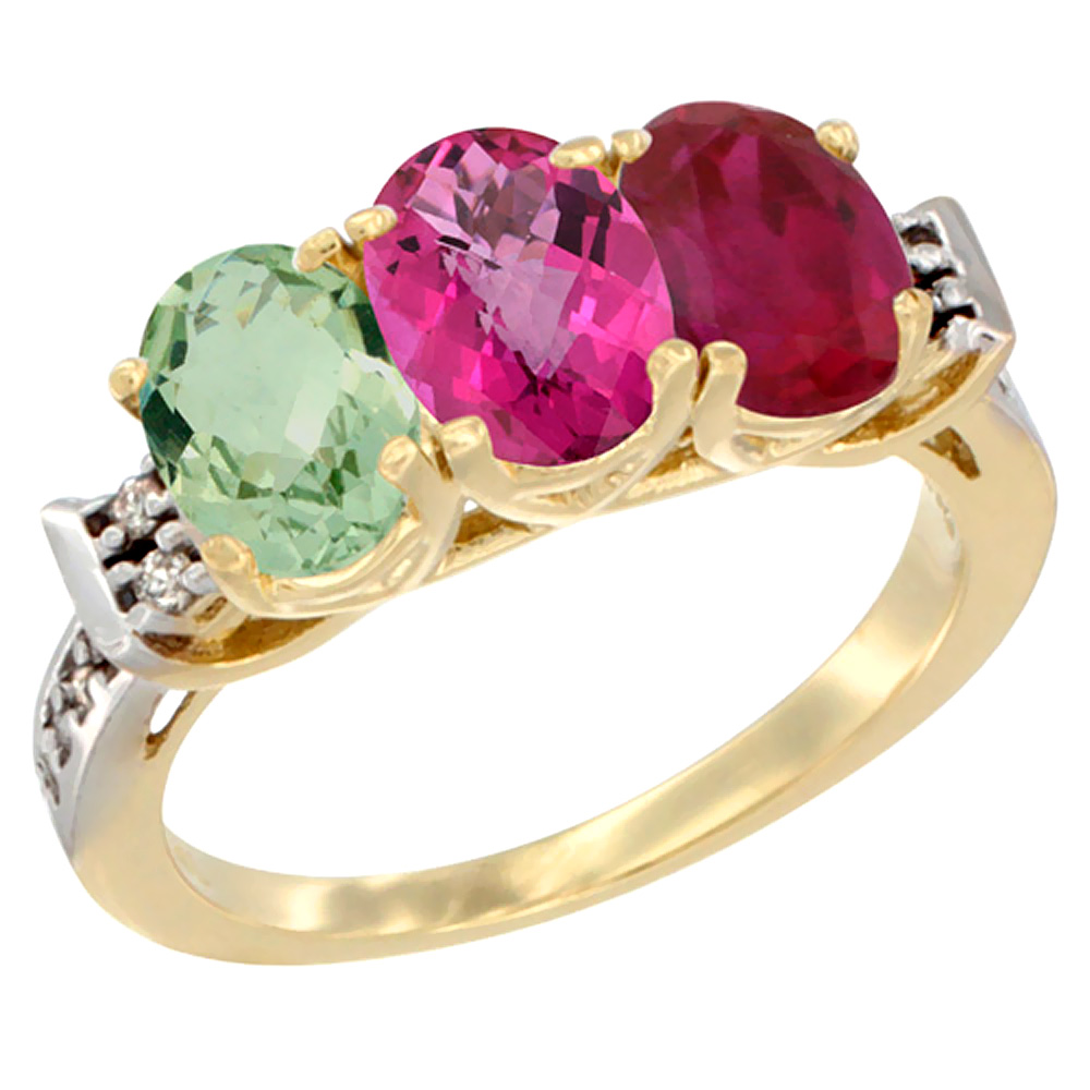 10K Yellow Gold Natural Green Amethyst, Pink Topaz & Enhanced Ruby Ring 3-Stone Oval 7x5 mm Diamond Accent, sizes 5 - 10