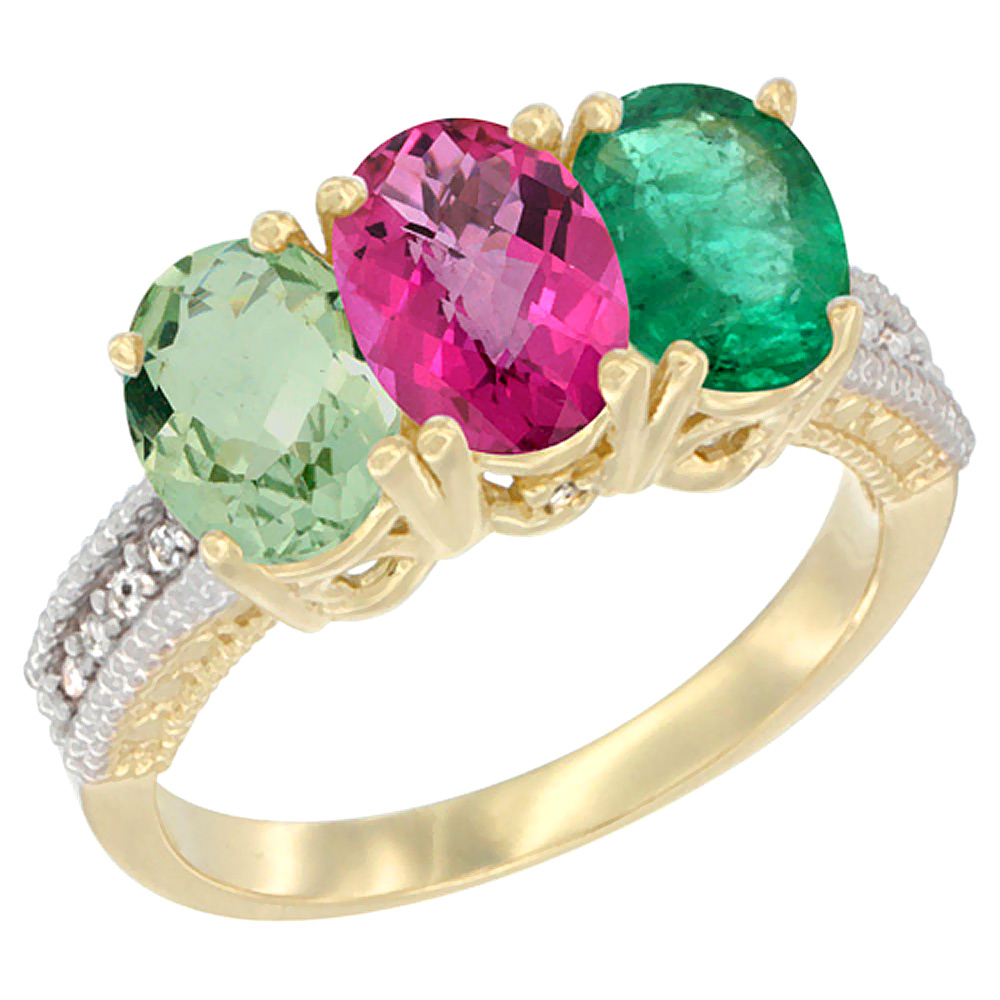 10K Yellow Gold Diamond Natural Green Amethyst, Pink Topaz & Emerald Ring Oval 3-Stone 7x5 mm,sizes 5-10