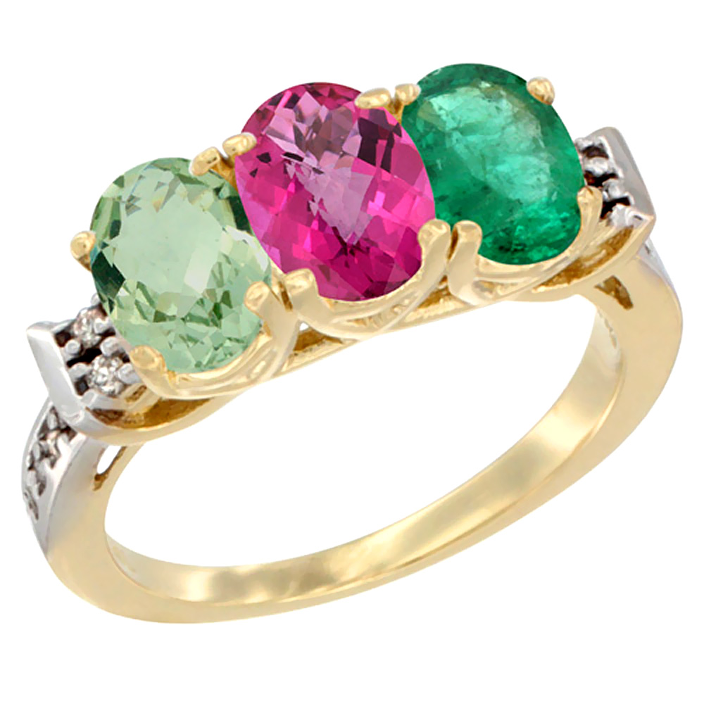 14K Yellow Gold Natural Green Amethyst, Pink Topaz &amp; Emerald Ring 3-Stone 7x5 mm Oval Diamond Accent, sizes 5 - 10