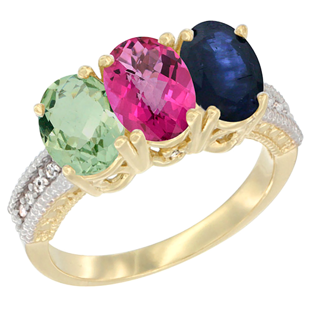 14K Yellow Gold Natural Green Amethyst, Pink Topaz & Blue Sapphire Ring 3-Stone 7x5 mm Oval Diamond Accent, sizes 5 - 10