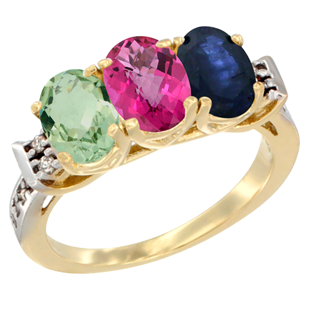 14K Yellow Gold Natural Green Amethyst, Pink Topaz &amp; Blue Sapphire Ring 3-Stone 7x5 mm Oval Diamond Accent, sizes 5 - 10
