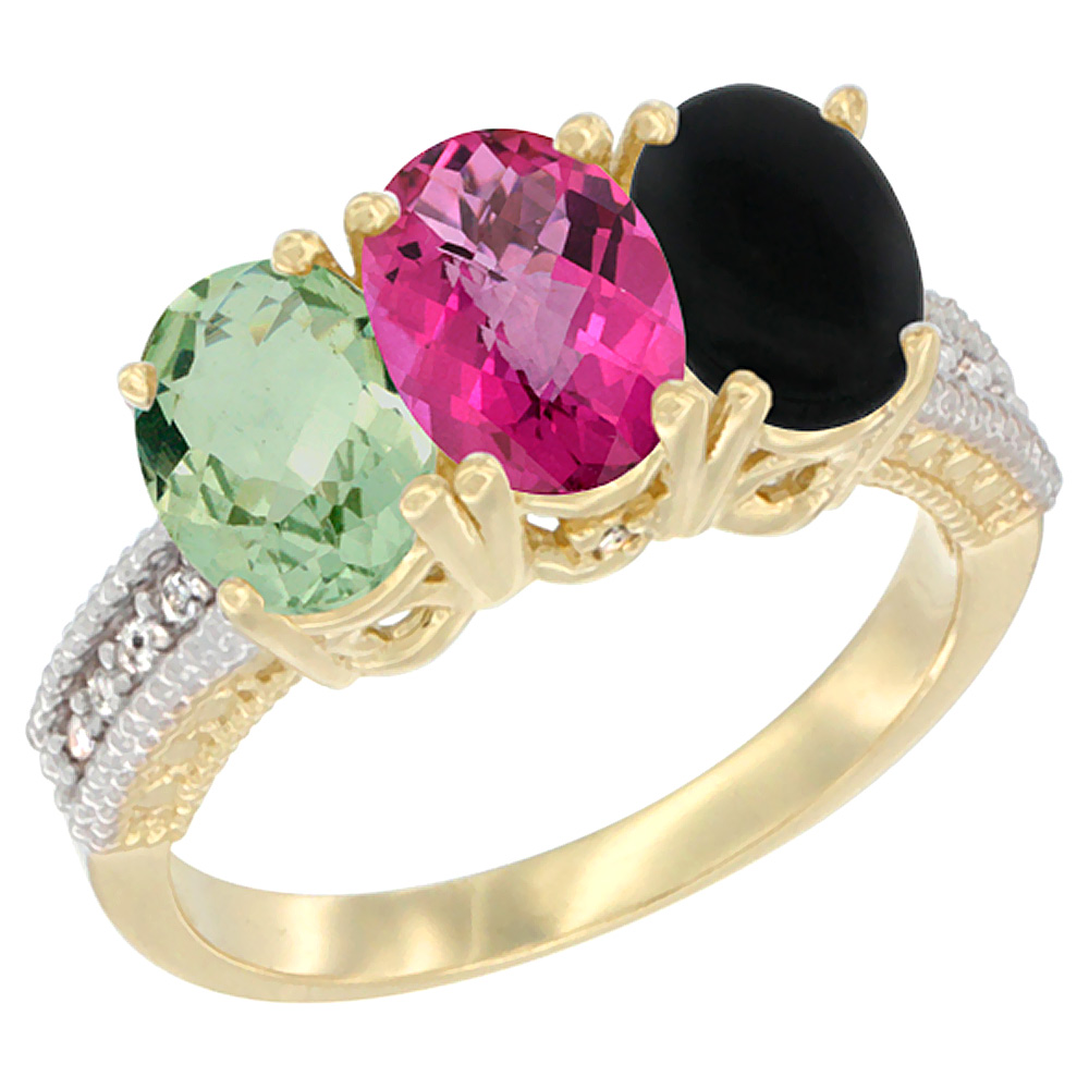 14K Yellow Gold Natural Green Amethyst, Pink Topaz & Black Onyx Ring 3-Stone 7x5 mm Oval Diamond Accent, sizes 5 - 10