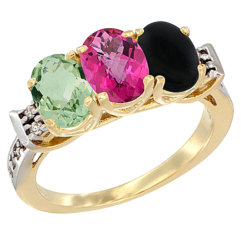 10K Yellow Gold Natural Green Amethyst, Pink Topaz &amp; Black Onyx Ring 3-Stone Oval 7x5 mm Diamond Accent, sizes 5 - 10
