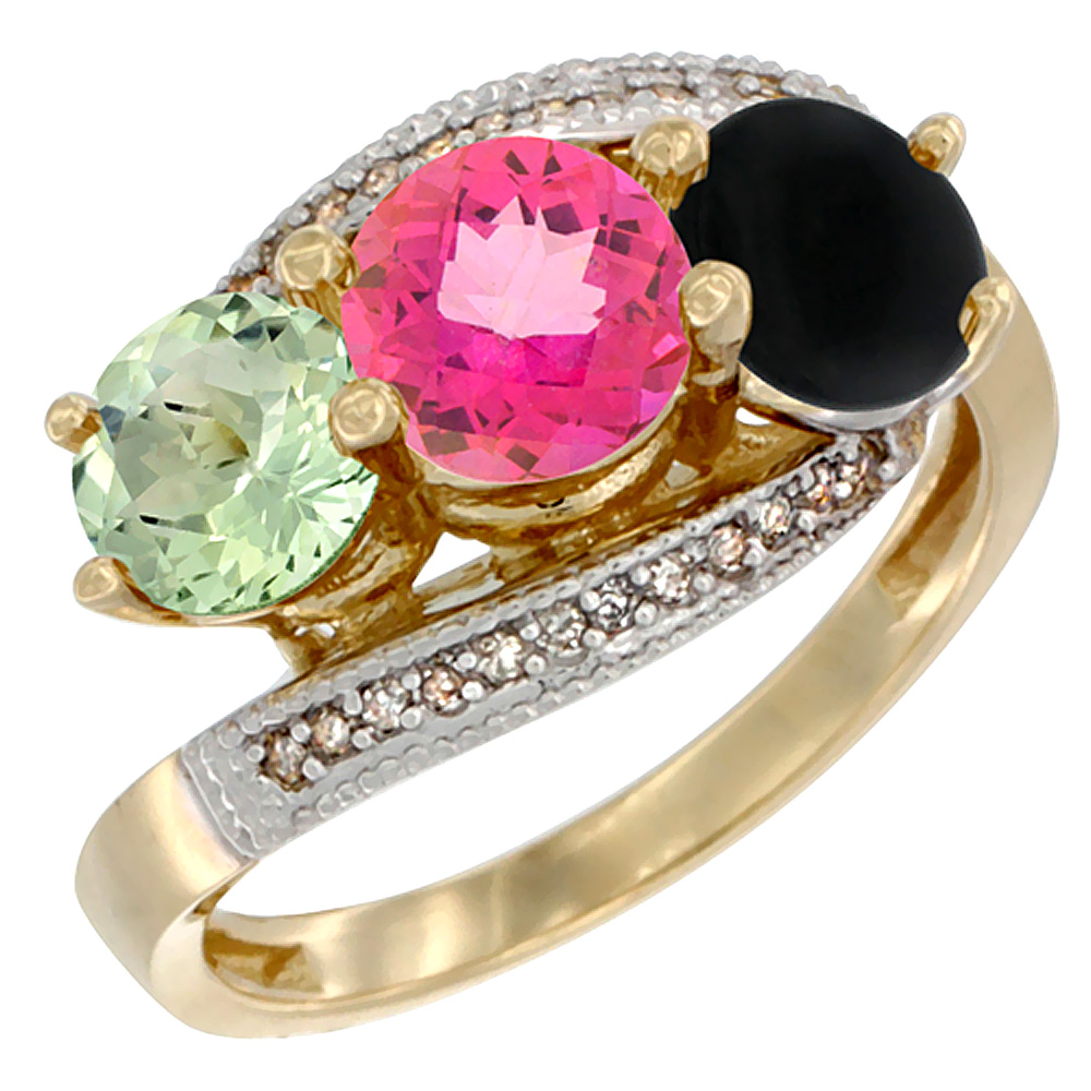 10K Yellow Gold Natural Green Amethyst, Pink Topaz & Black Onyx 3 stone Ring Round 6mm Diamond Accent, sizes 5 - 10