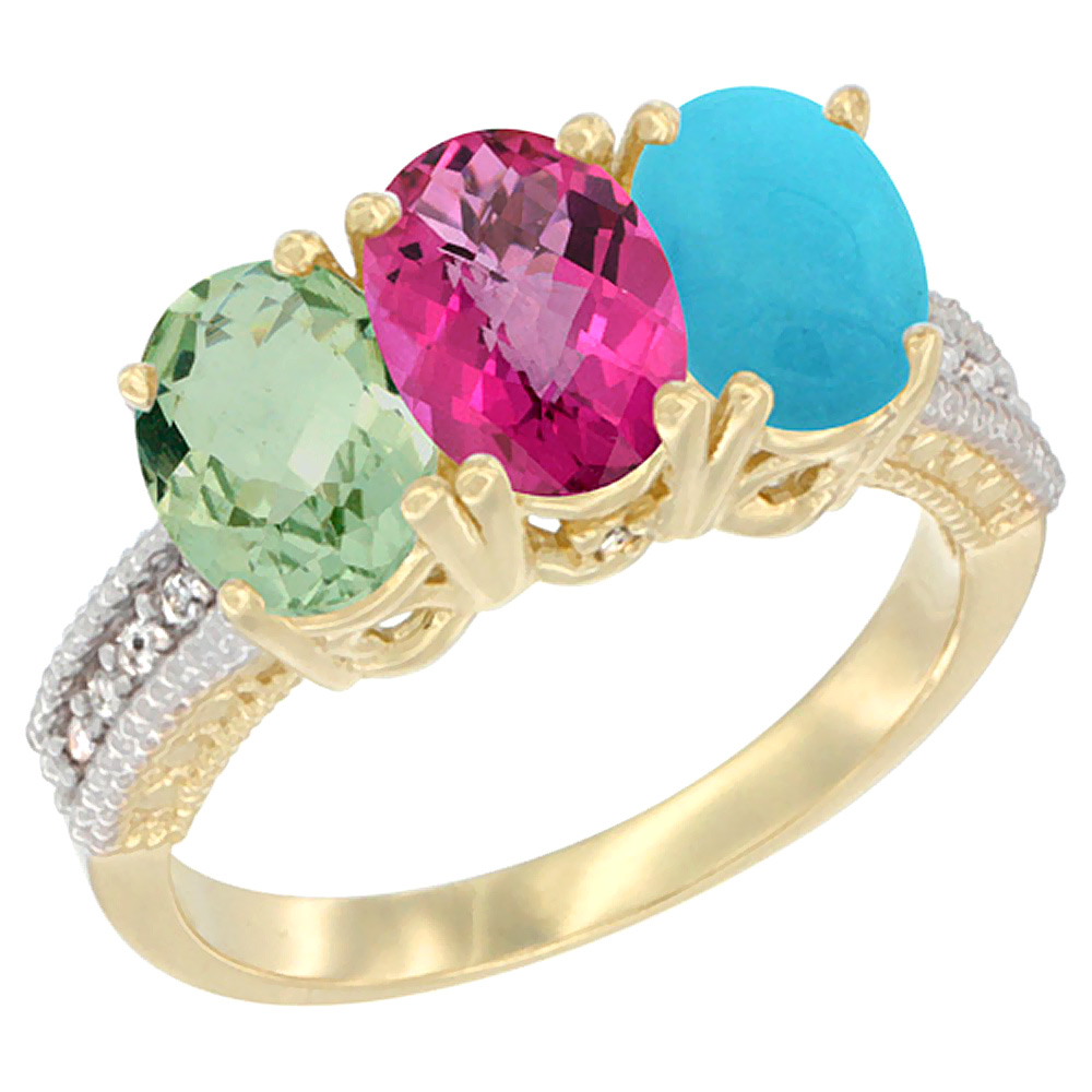 14K Yellow Gold Natural Green Amethyst, Pink Topaz & Turquoise Ring 3-Stone 7x5 mm Oval Diamond Accent, sizes 5 - 10
