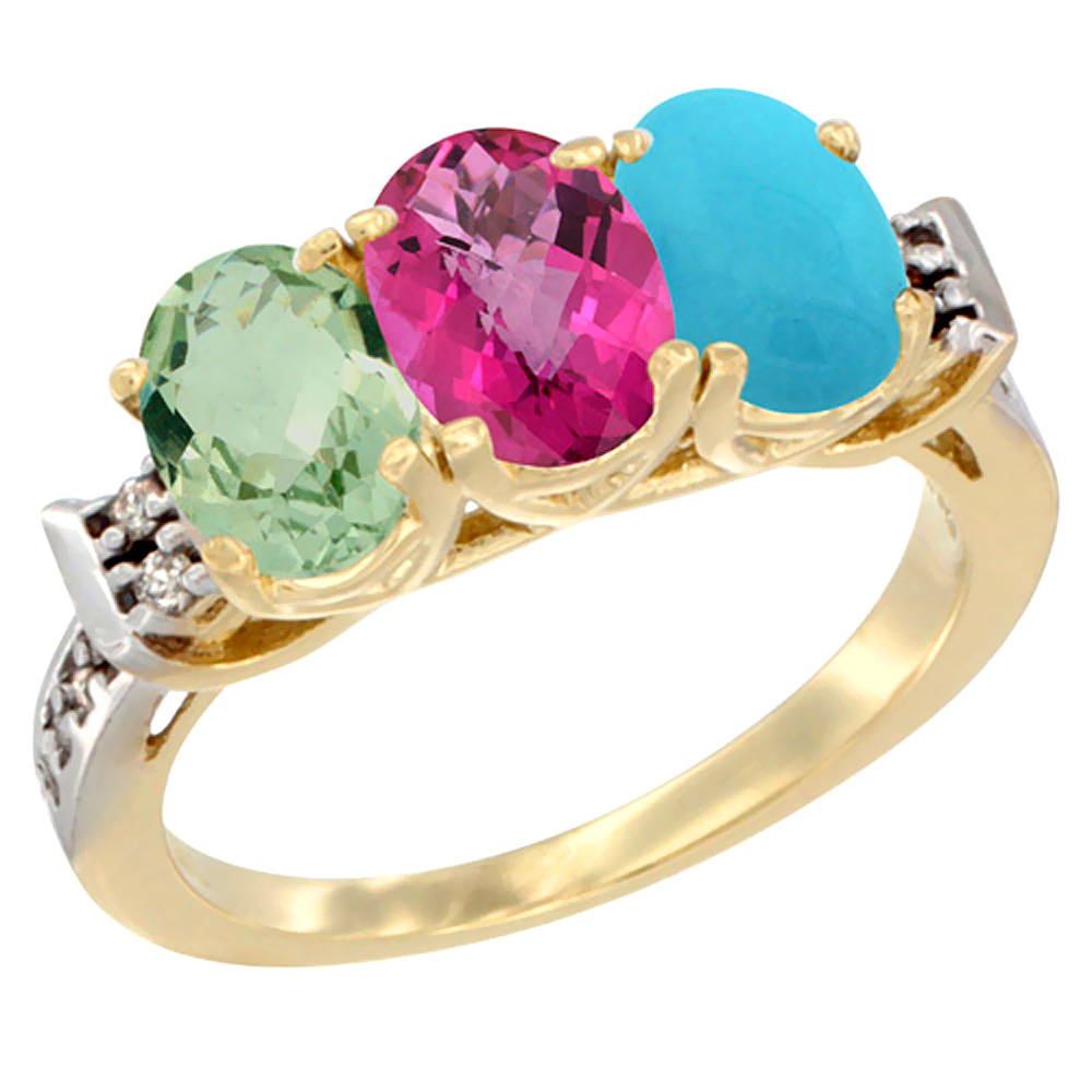 10K Yellow Gold Natural Green Amethyst, Pink Topaz &amp; Turquoise Ring 3-Stone Oval 7x5 mm Diamond Accent, sizes 5 - 10