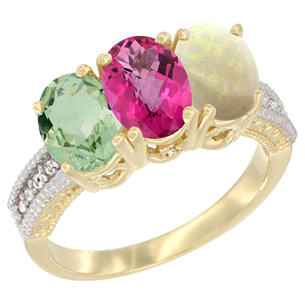10K Yellow Gold Diamond Natural Green Amethyst, Pink Topaz & Opal Ring Oval 3-Stone 7x5 mm,sizes 5-10