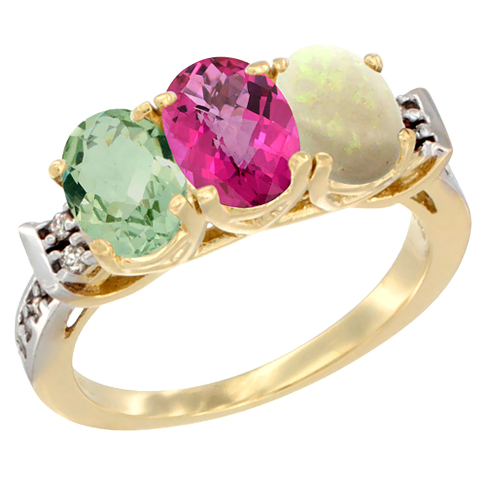 10K Yellow Gold Natural Green Amethyst, Pink Topaz & Opal Ring 3-Stone Oval 7x5 mm Diamond Accent, sizes 5 - 10