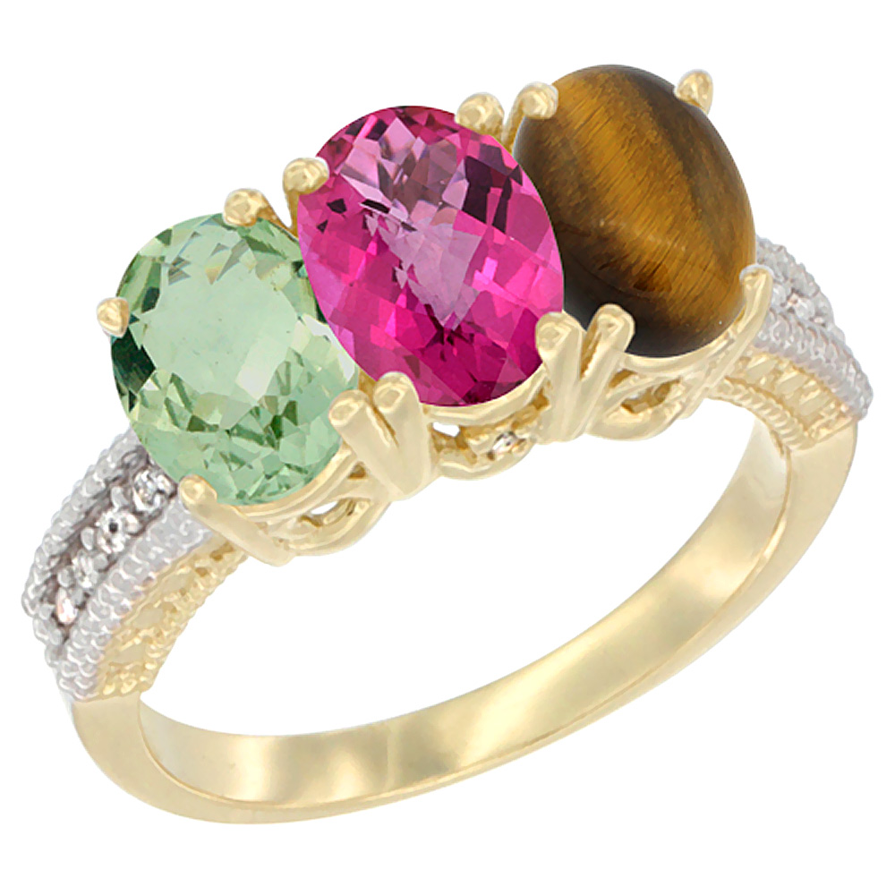 14K Yellow Gold Natural Green Amethyst, Pink Topaz &amp; Tiger Eye Ring 3-Stone 7x5 mm Oval Diamond Accent, sizes 5 - 10