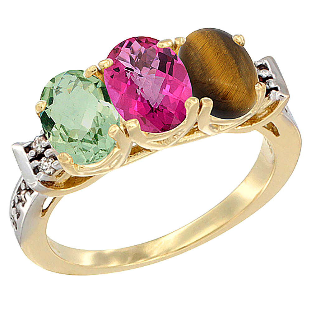 10K Yellow Gold Natural Green Amethyst, Pink Topaz & Tiger Eye Ring 3-Stone Oval 7x5 mm Diamond Accent, sizes 5 - 10