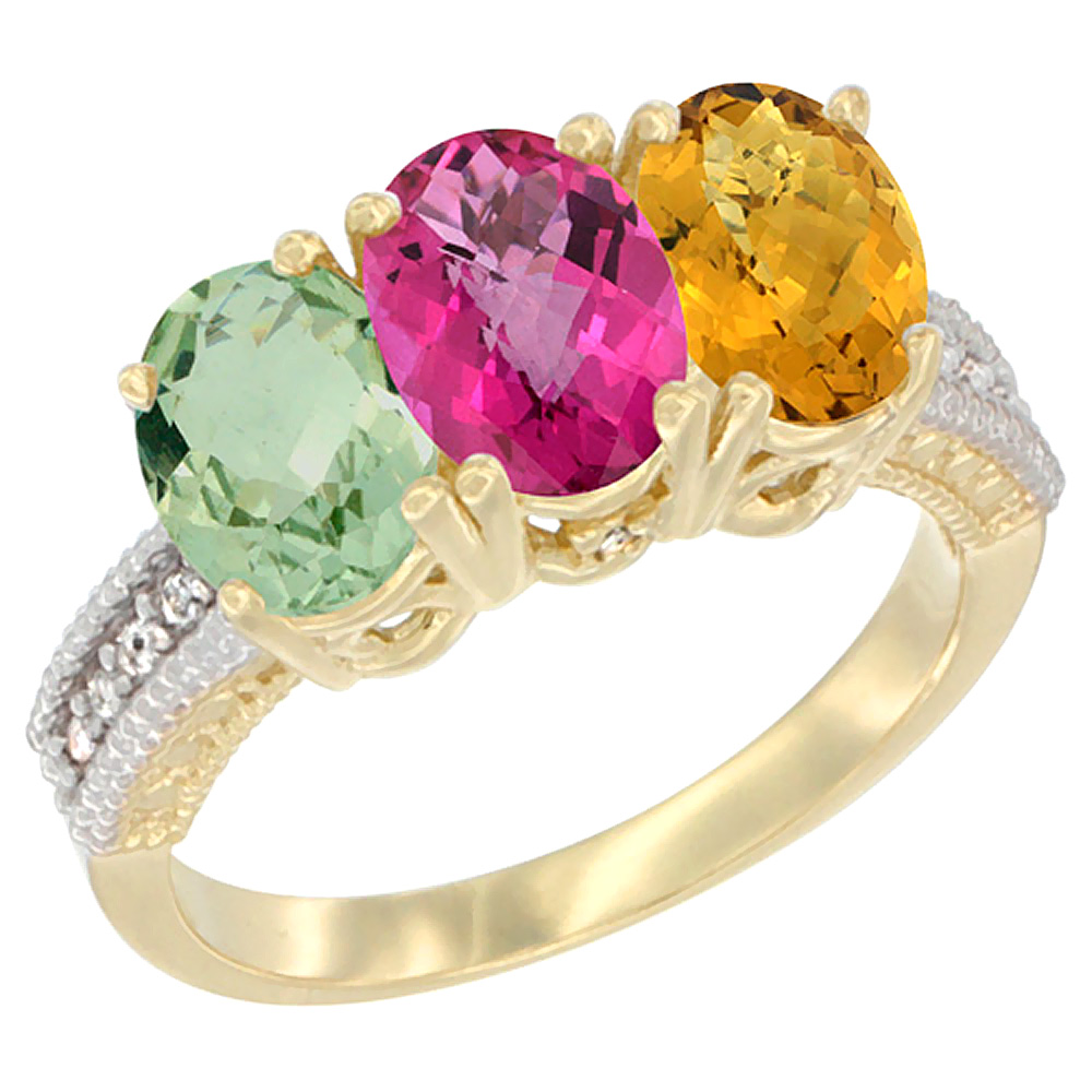14K Yellow Gold Natural Green Amethyst, Pink Topaz & Whisky Quartz Ring 3-Stone 7x5 mm Oval Diamond Accent, sizes 5 - 10