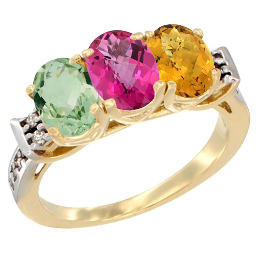 14K Yellow Gold Natural Green Amethyst, Pink Topaz & Whisky Quartz Ring 3-Stone 7x5 mm Oval Diamond Accent, sizes 5 - 10