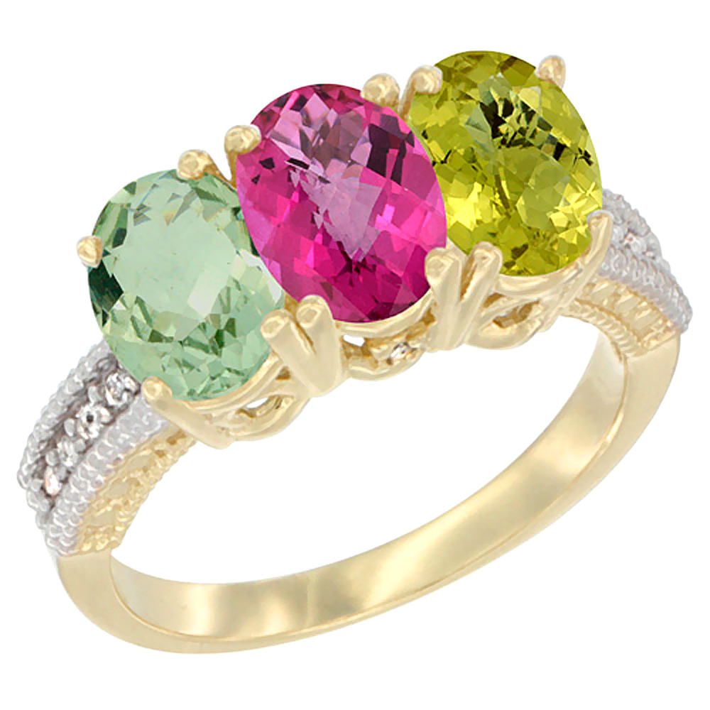 14K Yellow Gold Natural Green Amethyst, Pink Topaz & Lemon Quartz Ring 3-Stone 7x5 mm Oval Diamond Accent, sizes 5 - 10