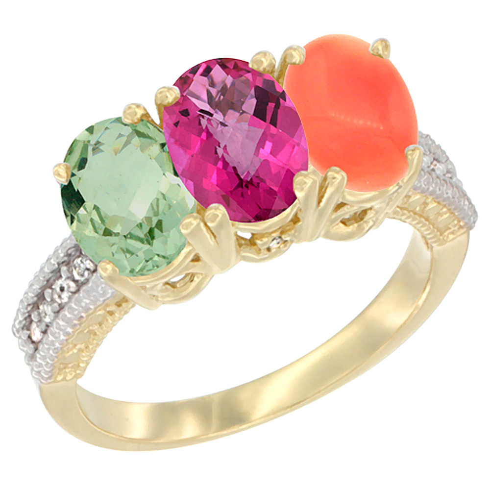 14K Yellow Gold Natural Green Amethyst, Pink Topaz &amp; Coral Ring 3-Stone 7x5 mm Oval Diamond Accent, sizes 5 - 10