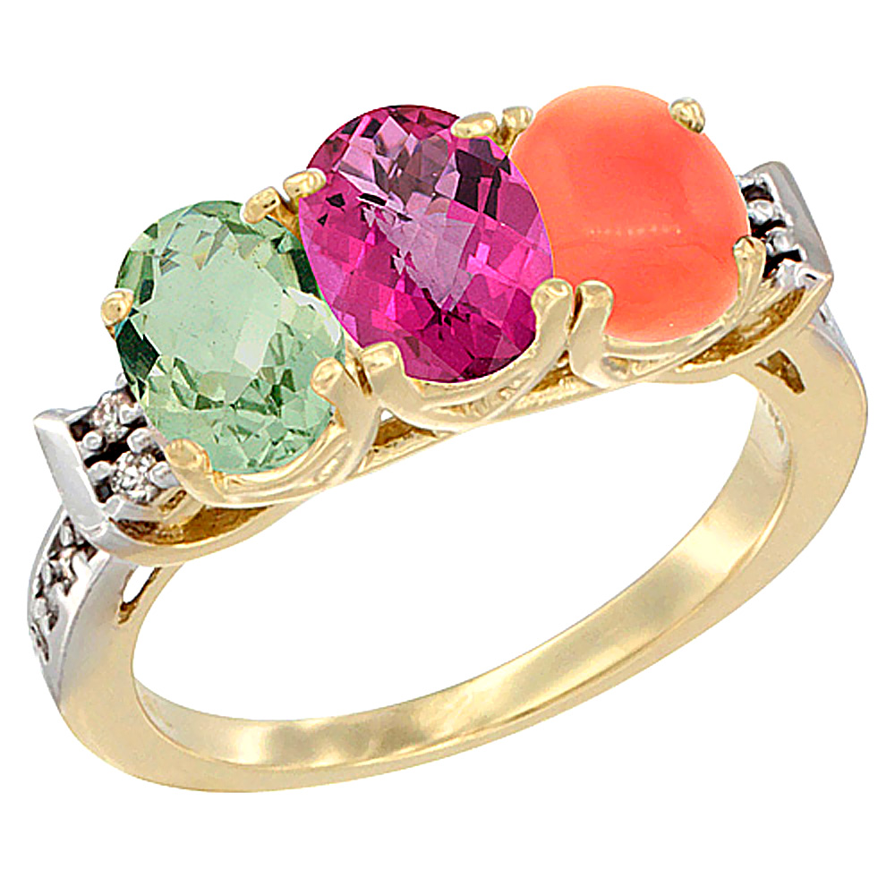 14K Yellow Gold Natural Green Amethyst, Pink Topaz & Coral Ring 3-Stone 7x5 mm Oval Diamond Accent, sizes 5 - 10