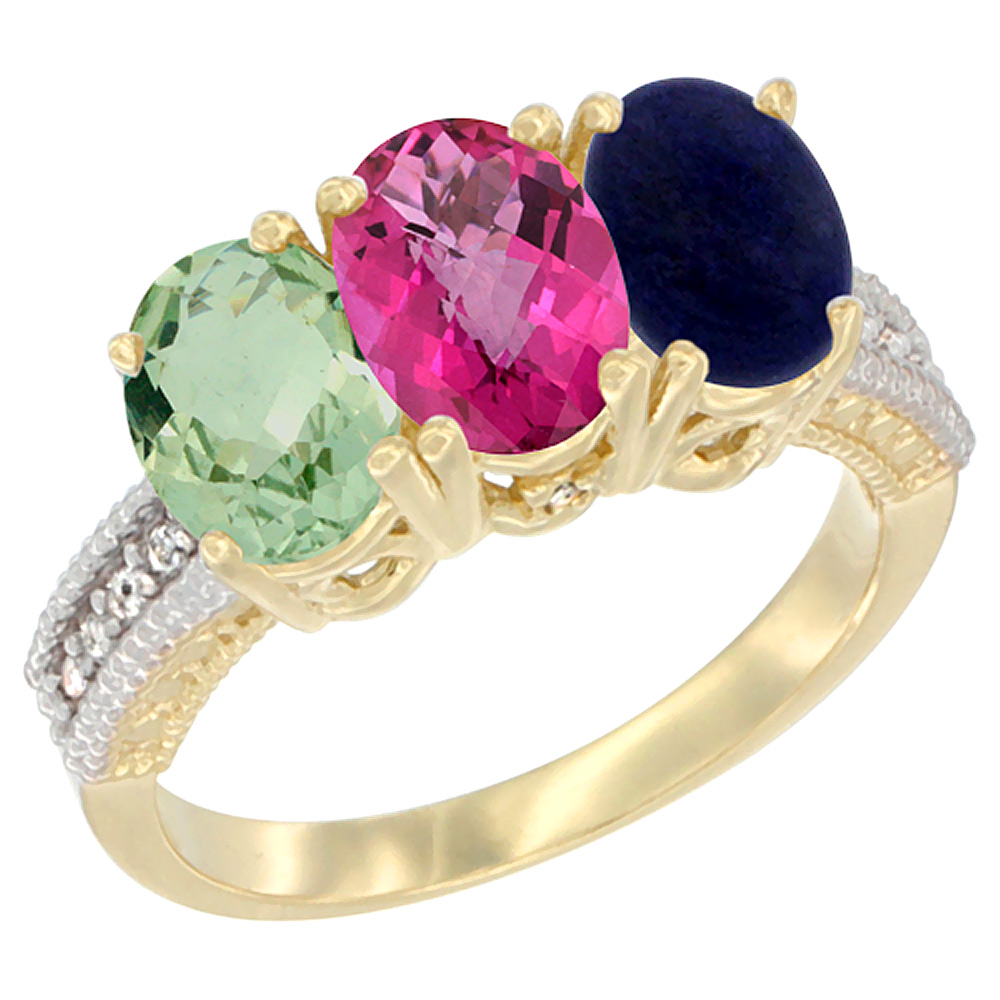 14K Yellow Gold Natural Green Amethyst, Pink Topaz &amp; Lapis Ring 3-Stone 7x5 mm Oval Diamond Accent, sizes 5 - 10