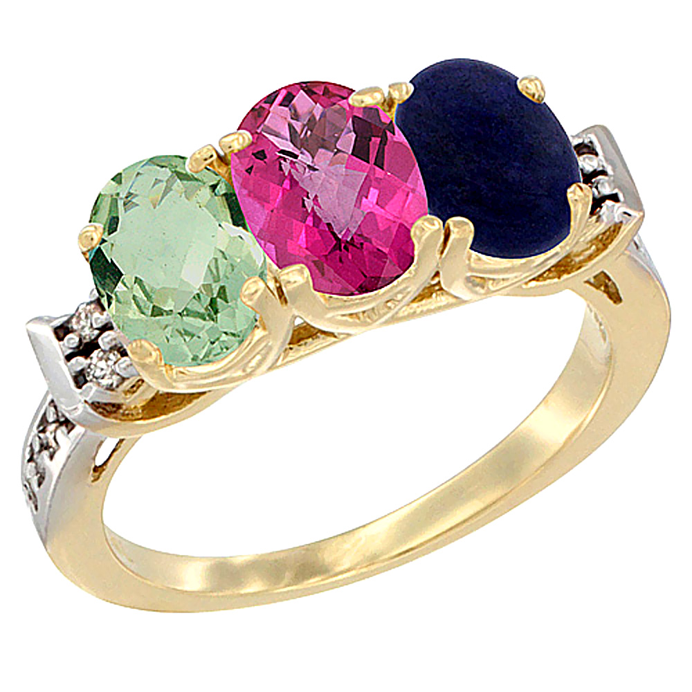 10K Yellow Gold Natural Green Amethyst, Pink Topaz & Lapis Ring 3-Stone Oval 7x5 mm Diamond Accent, sizes 5 - 10