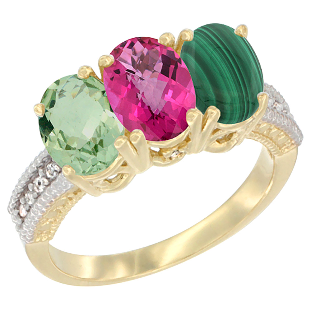 10K Yellow Gold Diamond Natural Green Amethyst, Pink Topaz & Malachite Ring Oval 3-Stone 7x5 mm,sizes 5-10