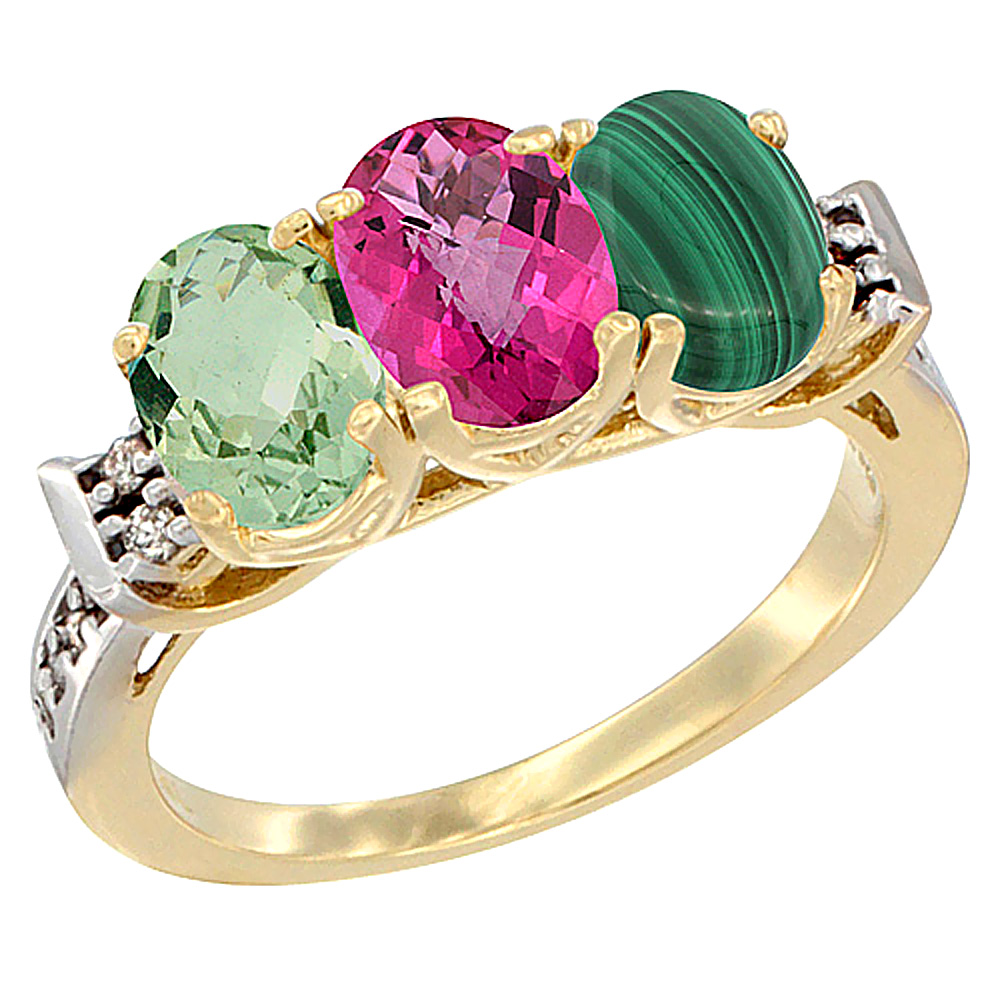 14K Yellow Gold Natural Green Amethyst, Pink Topaz &amp; Malachite Ring 3-Stone 7x5 mm Oval Diamond Accent, sizes 5 - 10