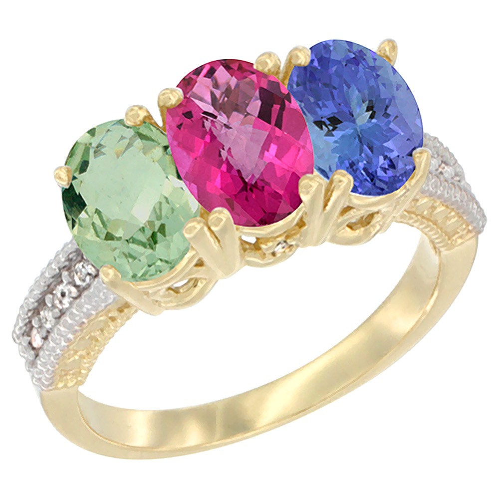 14K Yellow Gold Natural Green Amethyst, Pink Topaz &amp; Tanzanite Ring 3-Stone 7x5 mm Oval Diamond Accent, sizes 5 - 10