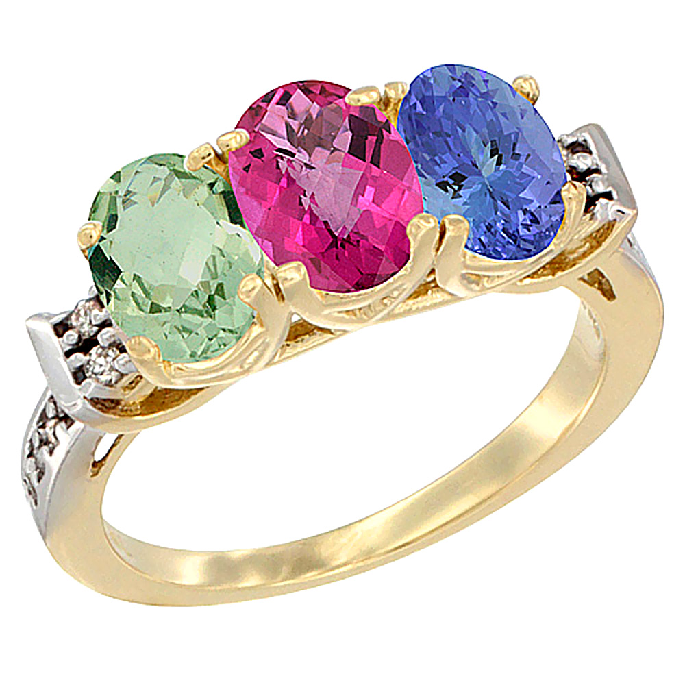 10K Yellow Gold Natural Green Amethyst, Pink Topaz &amp; Tanzanite Ring 3-Stone Oval 7x5 mm Diamond Accent, sizes 5 - 10