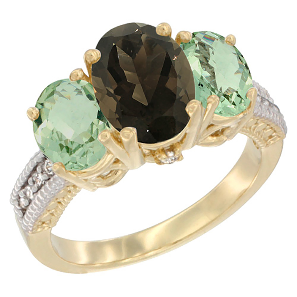 14K Yellow Gold Diamond Natural Smoky Topaz Ring 3-Stone Oval 8x6mm with Green Amethyst, sizes5-10