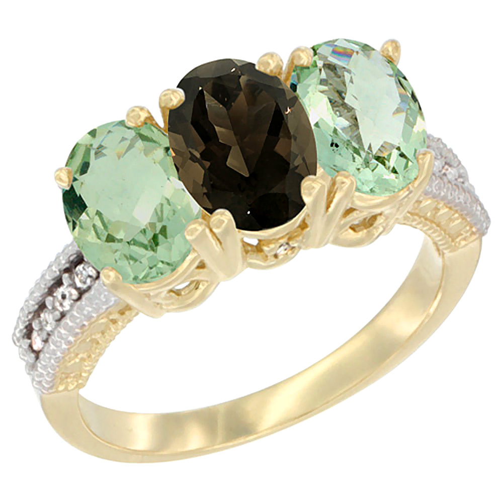 14K Yellow Gold Natural Smoky Topaz &amp; Green Amethyst Ring 3-Stone 7x5 mm Oval Diamond Accent, sizes 5 - 10