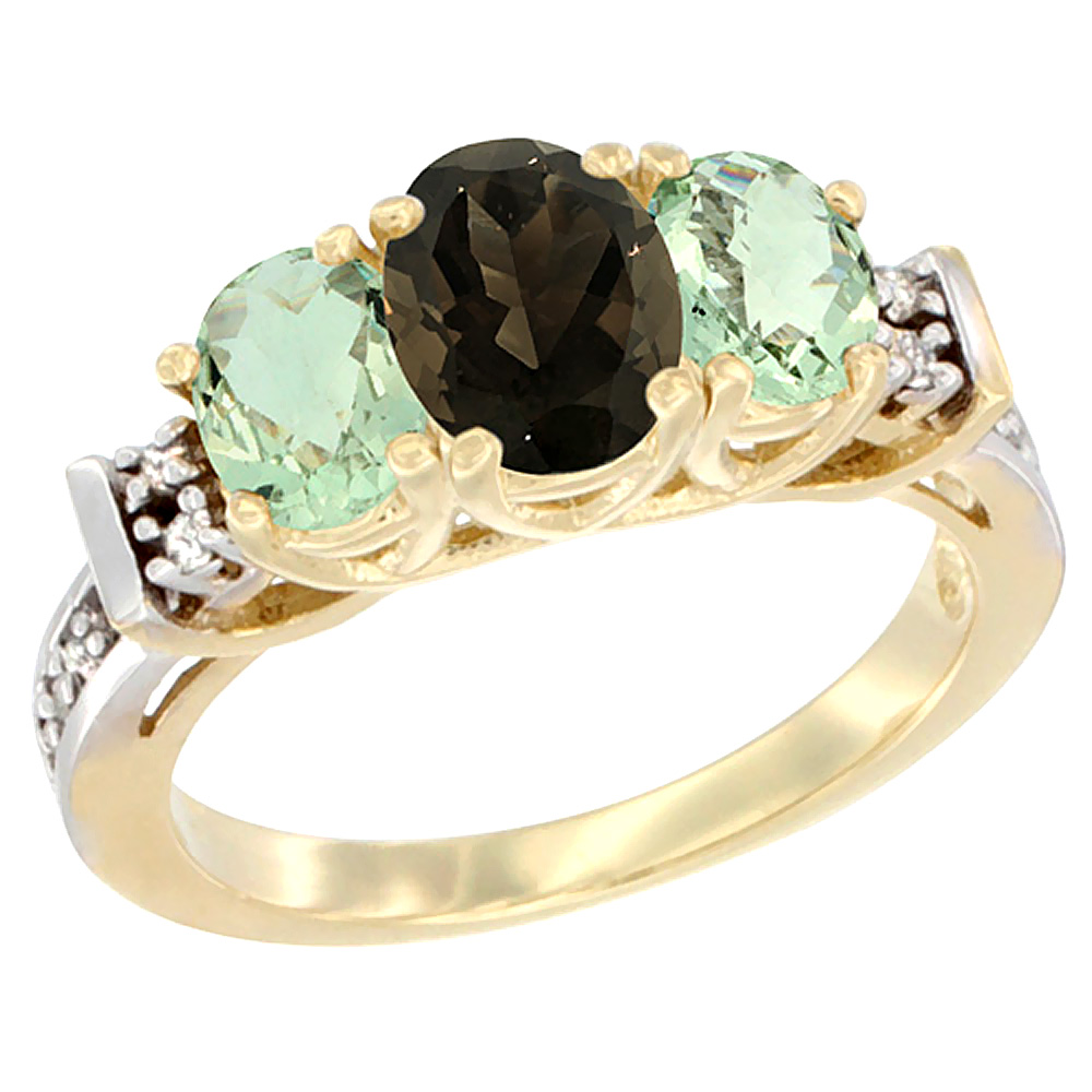 10K Yellow Gold Natural Smoky Topaz &amp; Green Amethyst Ring 3-Stone Oval Diamond Accent