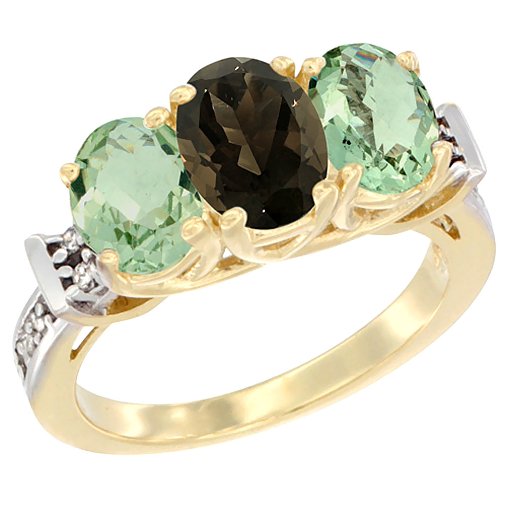 10K Yellow Gold Natural Smoky Topaz &amp; Green Amethyst Sides Ring 3-Stone Oval Diamond Accent, sizes 5 - 10