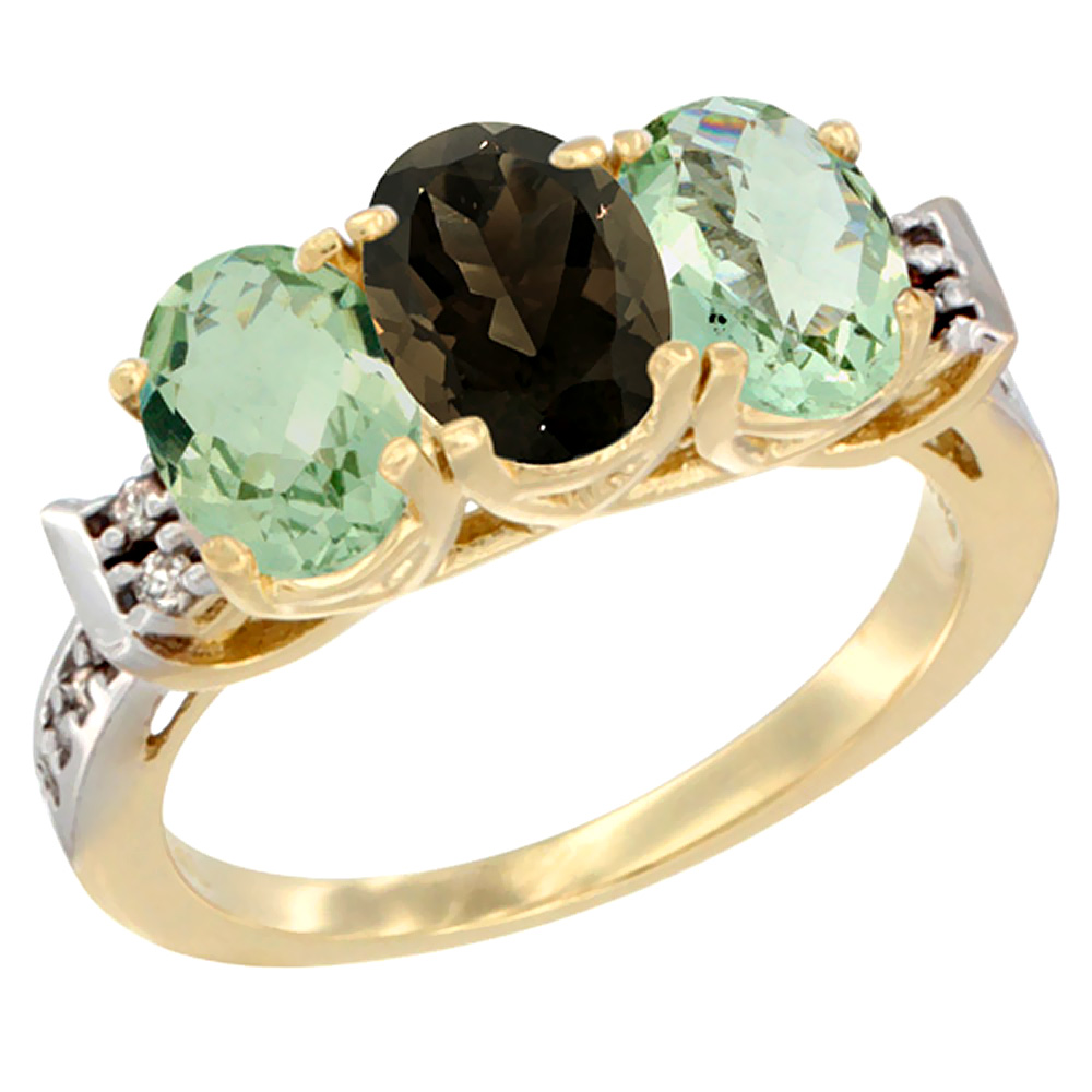 10K Yellow Gold Natural Smoky Topaz &amp; Green Amethyst Sides Ring 3-Stone Oval 7x5 mm Diamond Accent, sizes 5 - 10