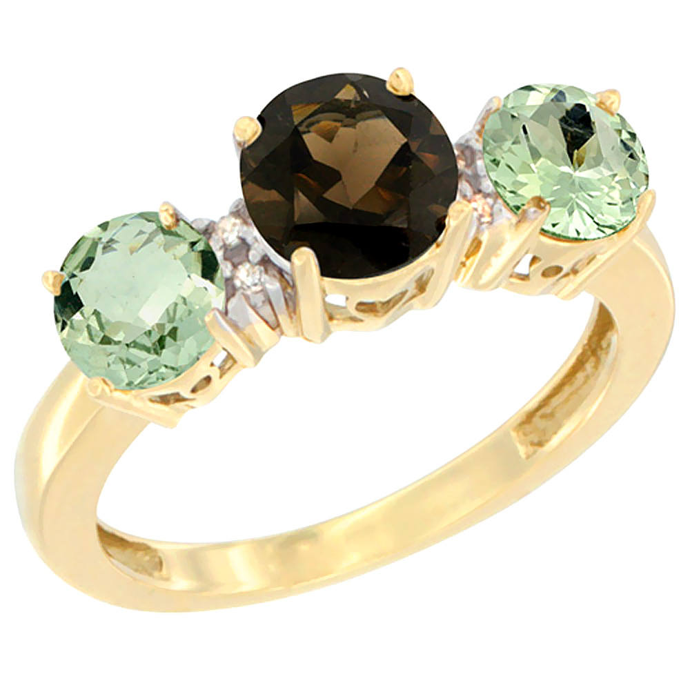 10K Yellow Gold Round 3-Stone Natural Smoky Topaz Ring &amp; Green Amethyst Sides Diamond Accent, sizes 5 - 10
