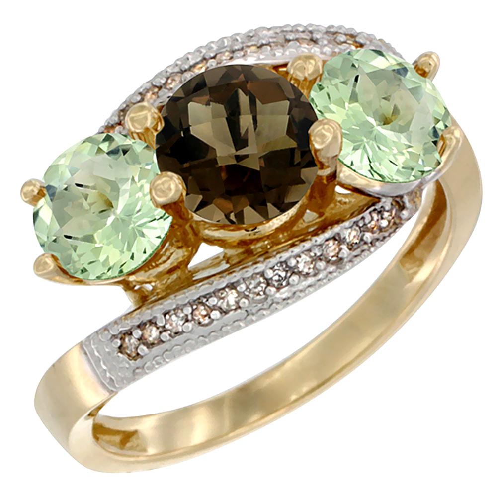 10K Yellow Gold Natural Smoky Topaz &amp; Green Amethyst Sides 3 stone Ring Round 6mm Diamond Accent, sizes 5 - 10