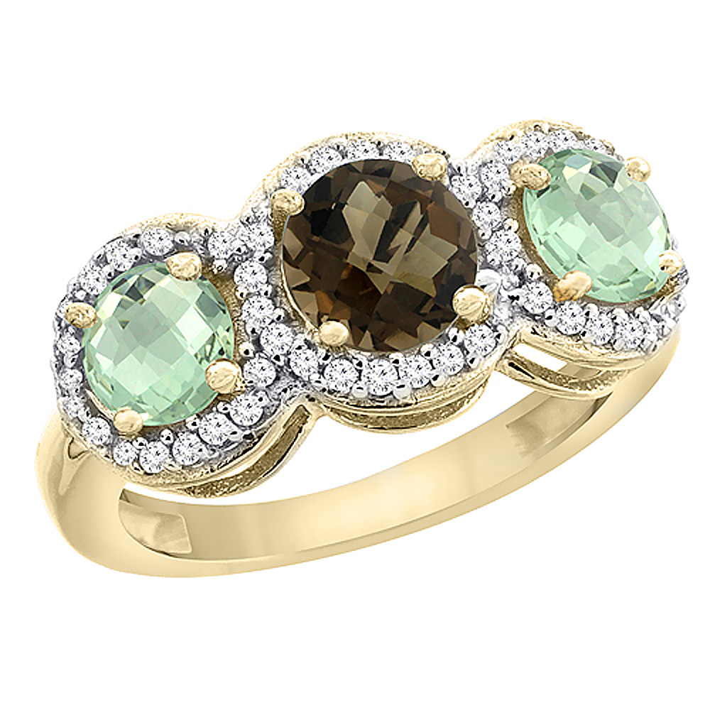 10K Yellow Gold Natural Smoky Topaz &amp; Green Amethyst Sides Round 3-stone Ring Diamond Accents, sizes 5 - 10