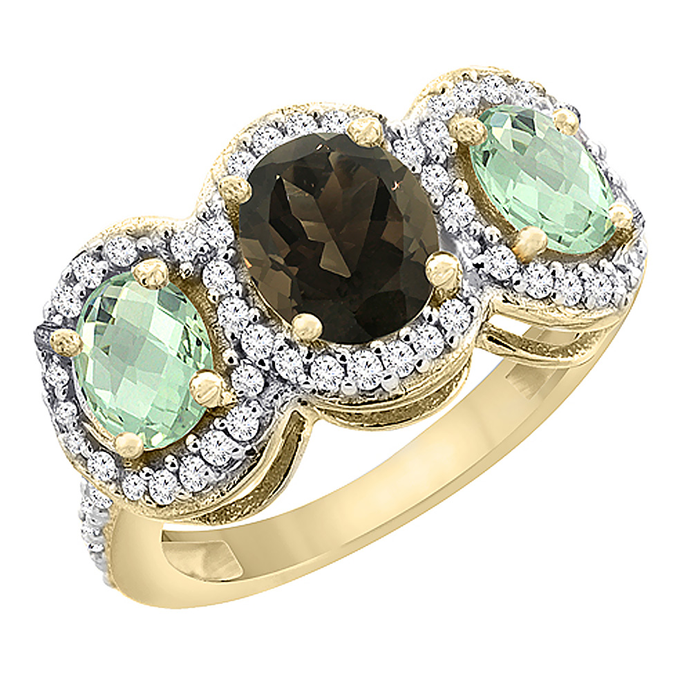 10K Yellow Gold Natural Smoky Topaz &amp; Green Amethyst 3-Stone Ring Oval Diamond Accent, sizes 5 - 10