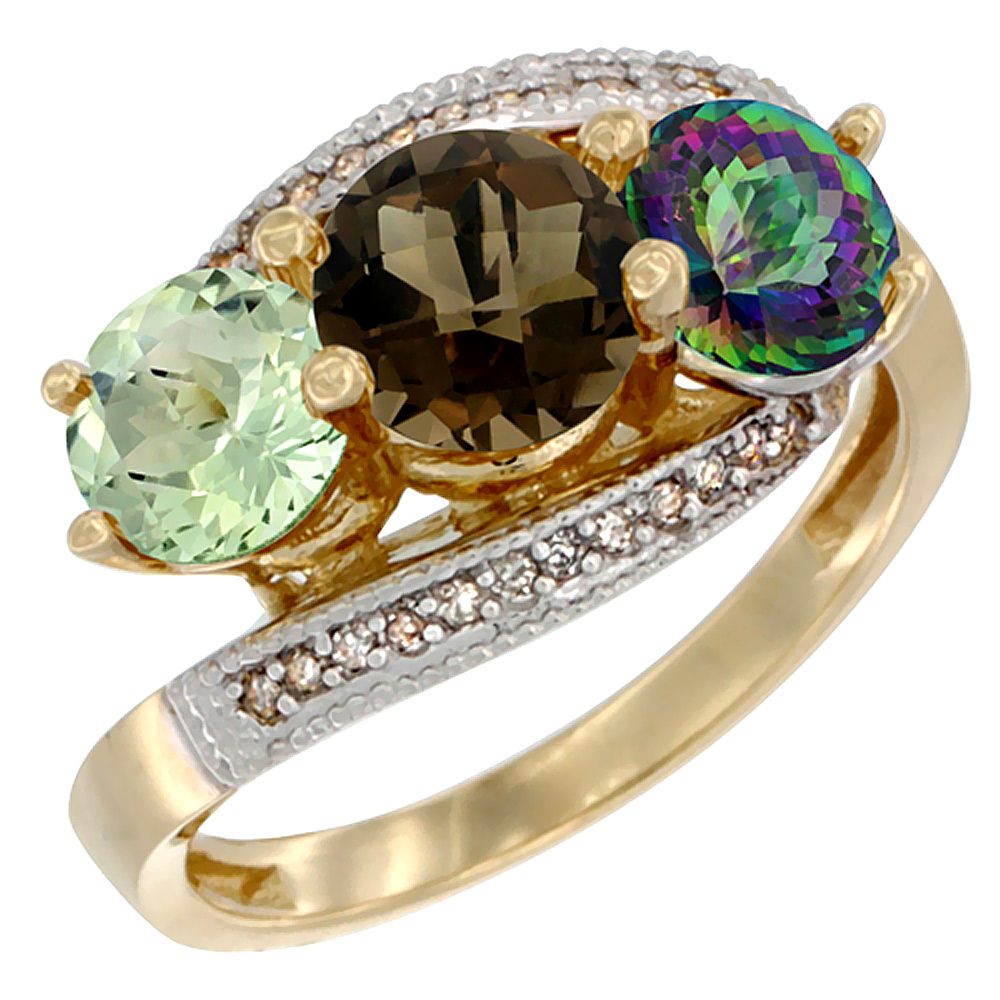 10K Yellow Gold Natural Green Amethyst, Smoky &amp; Mystic Topaz 3 stone Ring Round 6mm Diamond Accent, sizes 5 - 10