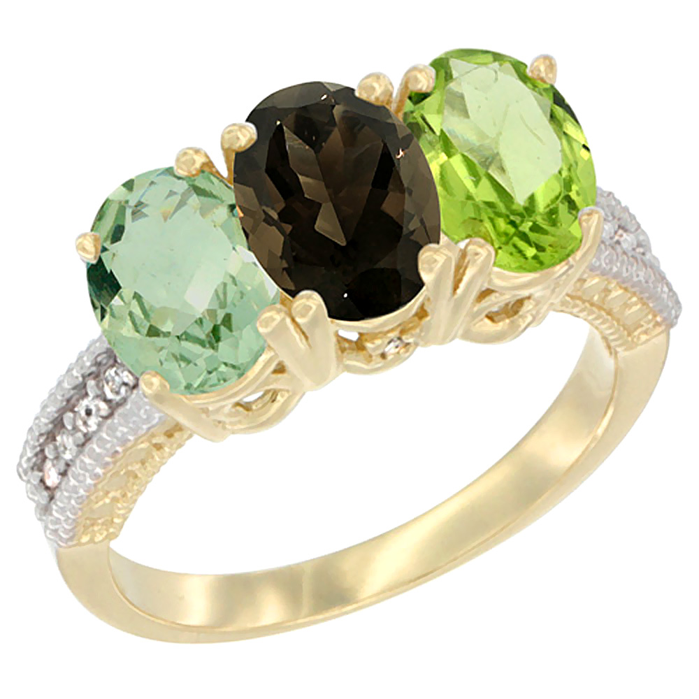 10K Yellow Gold Diamond Natural Green Amethyst, Smoky Topaz & Peridot Ring Oval 3-Stone 7x5 mm,sizes 5-10