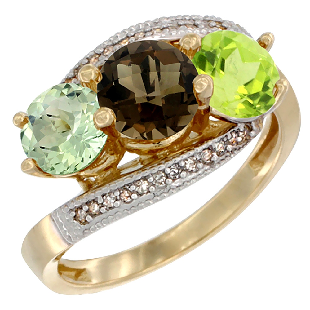14K Yellow Gold Natural Green Amethyst, Smoky Topaz &amp; Peridot 3 stone Ring Round 6mm Diamond Accent, sizes 5 - 10