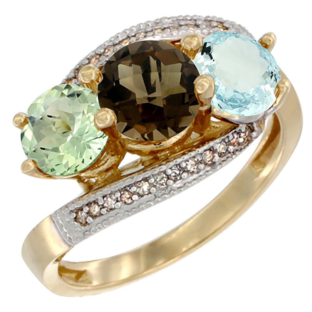 10K Yellow Gold Natural Green Amethyst, Smoky Topaz &amp; Aquamarine 3 stone Ring Round 6mm Diamond Accent, sizes 5 - 10