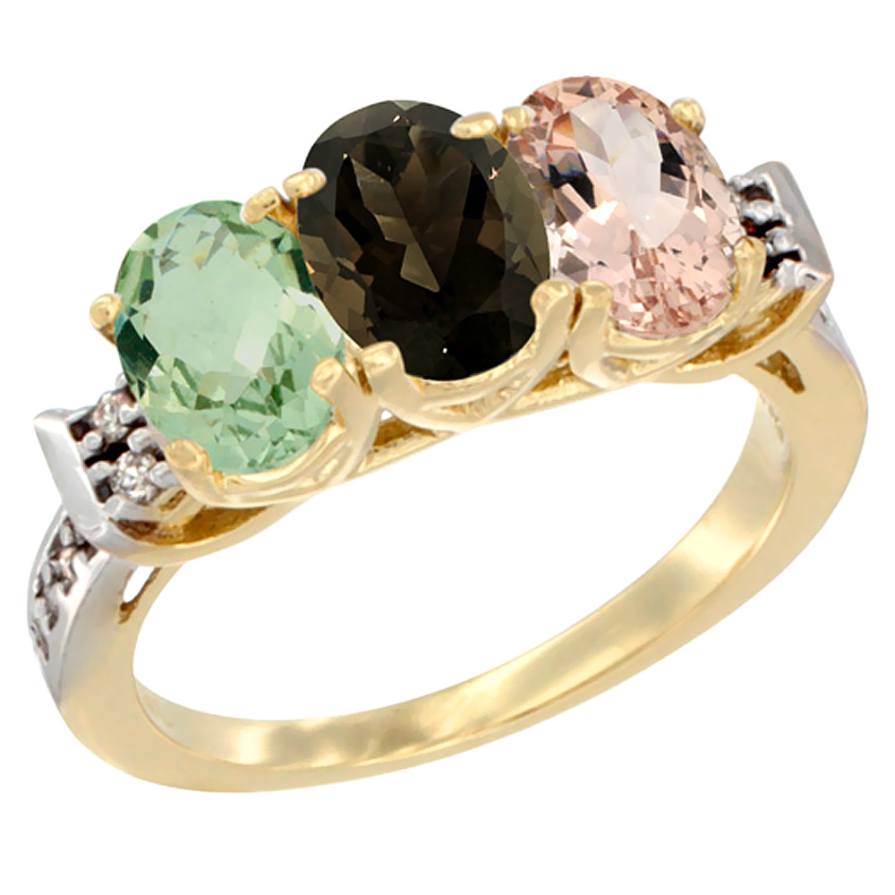 14K Yellow Gold Natural Green Amethyst, Smoky Topaz & Morganite Ring 3-Stone 7x5 mm Oval Diamond Accent, sizes 5 - 10