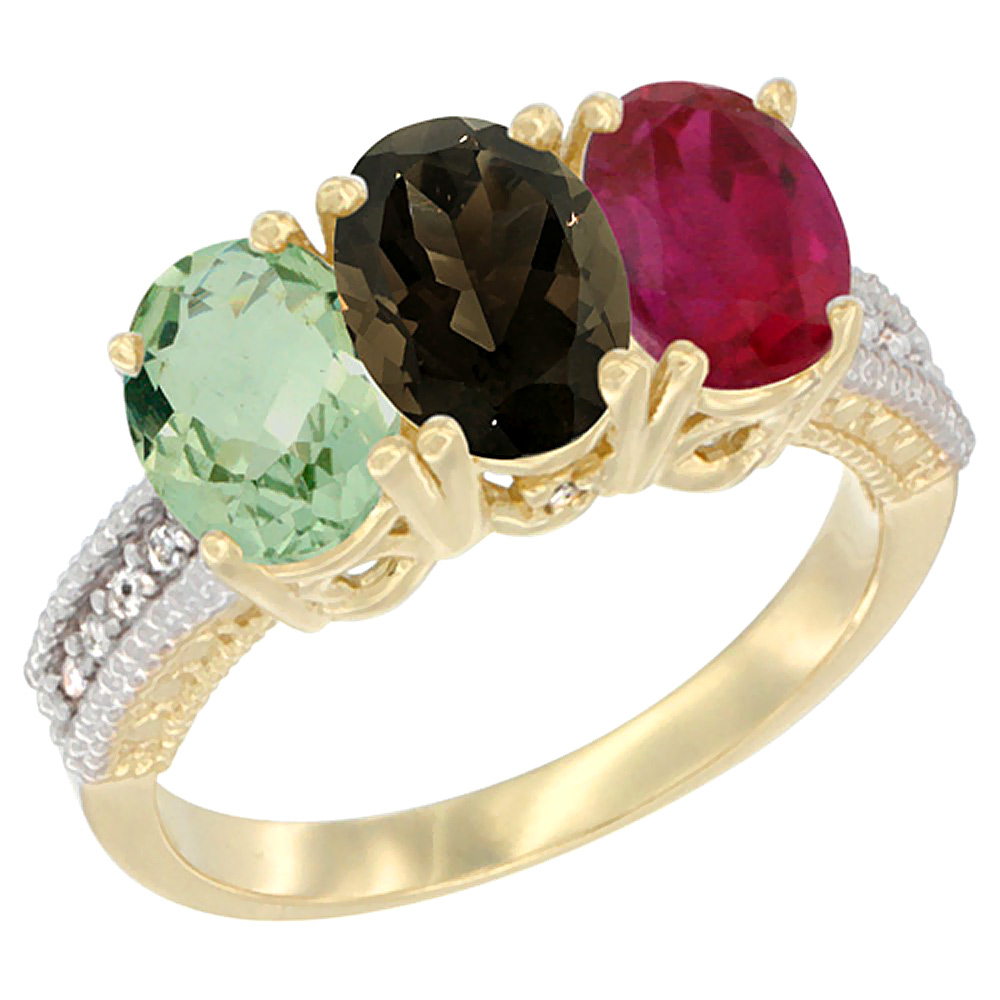 14K Yellow Gold Natural Green Amethyst, Smoky Topaz & Enhanced Ruby Ring 3-Stone 7x5 mm Oval Diamond Accent, sizes 5 - 10
