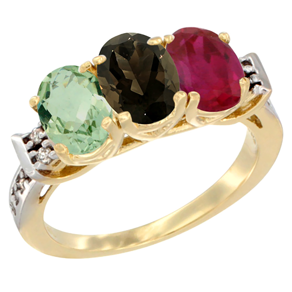 14K Yellow Gold Natural Green Amethyst, Smoky Topaz &amp; Enhanced Ruby Ring 3-Stone 7x5 mm Oval Diamond Accent, sizes 5 - 10