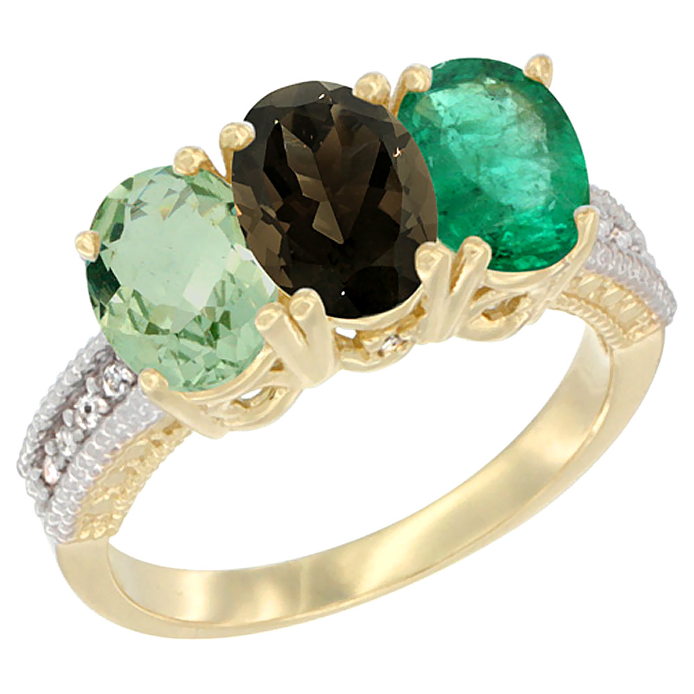 14K Yellow Gold Natural Green Amethyst, Smoky Topaz &amp; Emerald Ring 3-Stone 7x5 mm Oval Diamond Accent, sizes 5 - 10