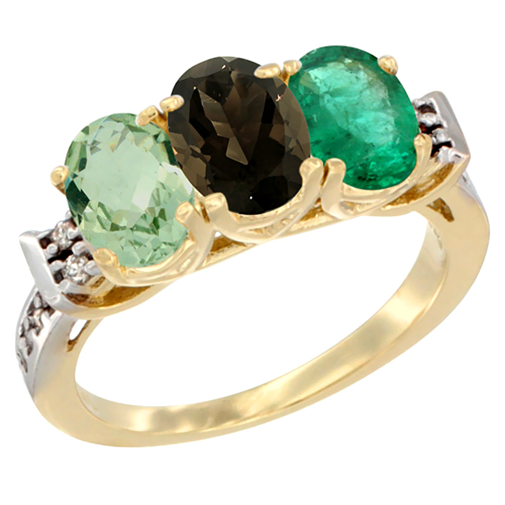 10K Yellow Gold Natural Green Amethyst, Smoky Topaz & Emerald Ring 3-Stone Oval 7x5 mm Diamond Accent, sizes 5 - 10